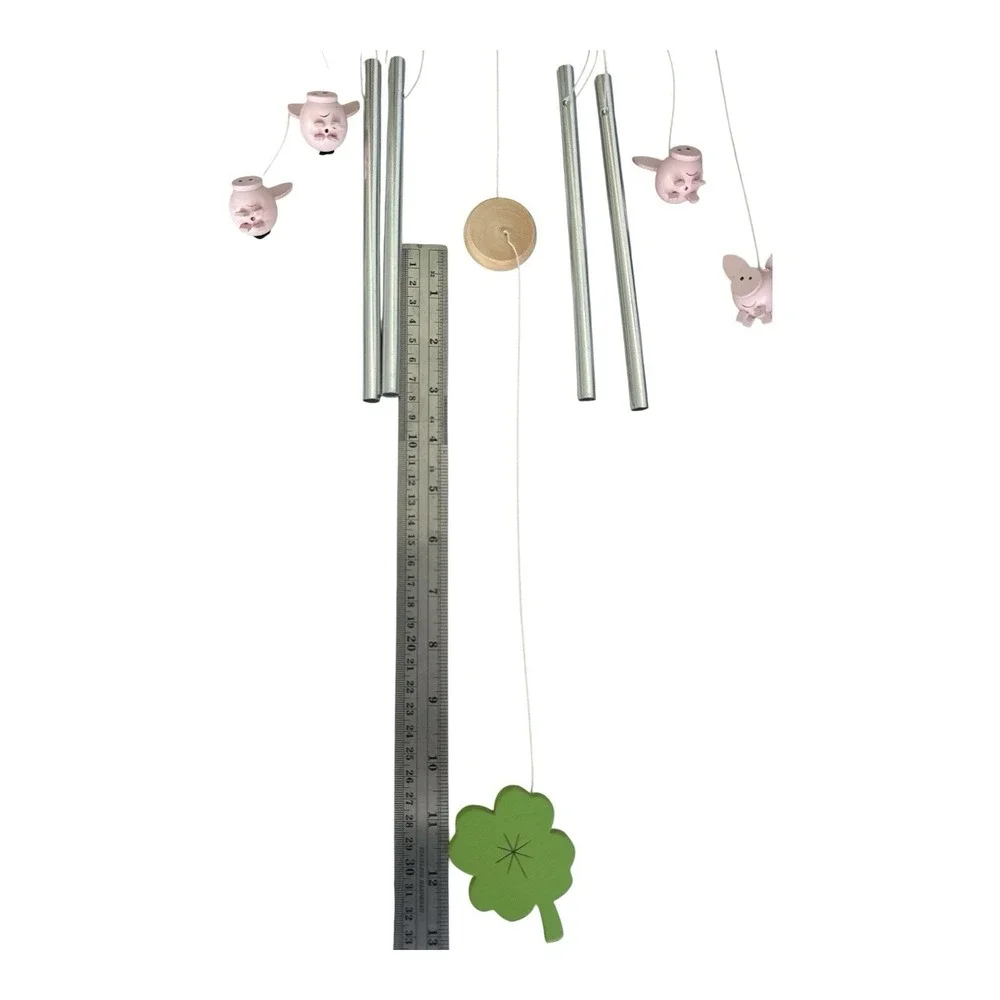 Rainbow Pig Wind Chime Wooden Whimsical Garden Decor Shamrock Lucky Clover
